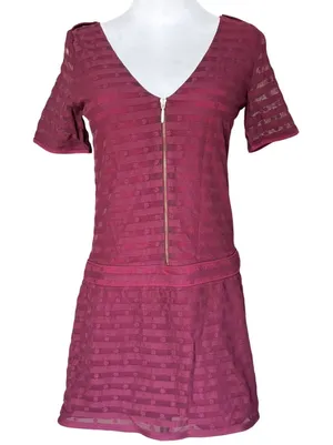 Sézane Drop Waist Mini Dress Size S‎ Burgundy Red Front Zip Sheer thumbnail 1