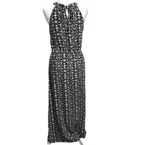 Maxi Dress Womens L Black‎ White Boho Chic Global-Print Tribal Halter Flowy thumbnail 3
