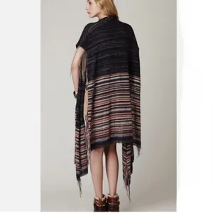 Free People Latitude 30 Wrap Poncho Shawl Rainbow Gray Fringe Sweater Stripe‎ thumbnail 3