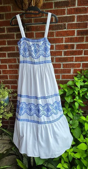 White and Blue Cotton Embroidered Maxi Dress Medium thumbnail 1