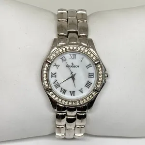 Peugeot women’s silver tone watch 31mm mop dial rhinestones quartz 7” running thumbnail 1