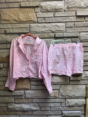 LOUNGE Pajama Set Cropped Button Up Shorts Pink Ditsy Floral Cotton XL thumbnail 2