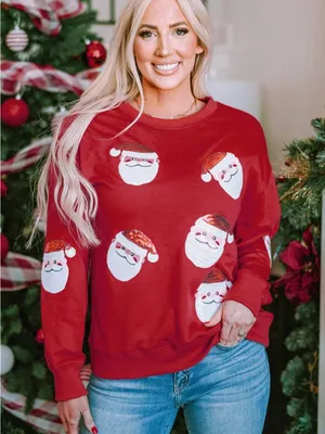 Women’s Christmas Red Santa Sequin Crewneck Sweater size XL new thumbnail 1