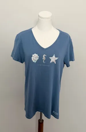 Life Is Good Tee Shirt Top Graphic Seahorse Seashells Starfish Beach Travel Blue thumbnail 1