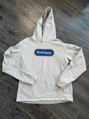 Madhappy Medium Cream Heavy Hoodie with Blue stitching and screen printed logo thumbnail 1