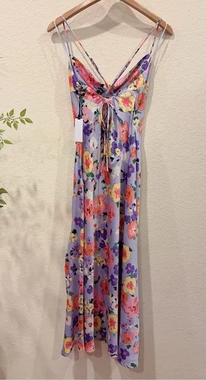 ASTR Gaia Draped Collar Satin Midi Dress in Periwinkle Floral Size Small NWT thumbnail 8