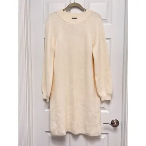 Ann Taylor Cream Ribbed Sweater Dress Raglan Balloon Sleeve Midi Ivory Size M thumbnail 3
