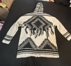 AQUA Women's Hooded Knit Zip-Up Sweater with Aztec Pattern and Fringe Detail thumbnail 5