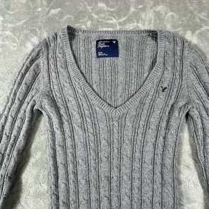 Y2K American Eagle V Neck Fitted Cable Knit Sweater Women Medium Gray Preppy thumbnail 2