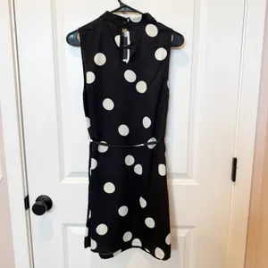 ModCloth Womens Polka Dot Fit & Flare Dress Medium Mock Neck Tie Retro‎ Parisian thumbnail 3