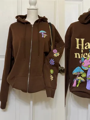 2000s style whimsical brown graphic oversized zip up hoodie w mushroom graphic thumbnail 2