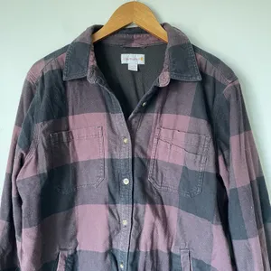 Carhartt Fleece Lined Flannel Button Up Black Maroon Long Sleeve Women's Large thumbnail 7