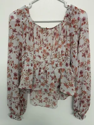 Floral Ruched Peplum Blouse - Dusty Rose on Ivory thumbnail 4