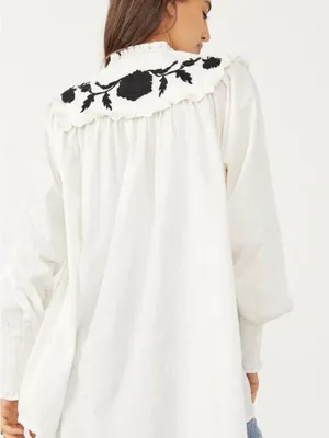 Free People White Button-Front Blouse with Black Floral Embroidery thumbnail 4