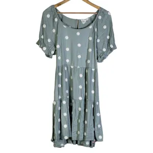 Blu Pepper Womens Babydoll Polka Dot Tiered Dress Size L Sage Green Cottagecore thumbnail 2