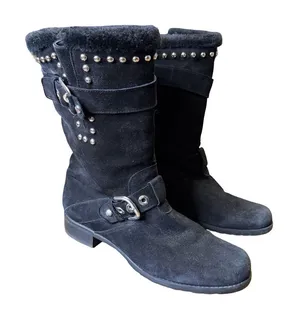 ✨ STUART WEITZMAN Black Studded Suede Moto‎ Biker Boots 7.5M ✨ thumbnail 1