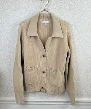 Evereve Beige Button-Up Knit Ribbed Collared Cardigan Sweater - Size - Small thumbnail 1