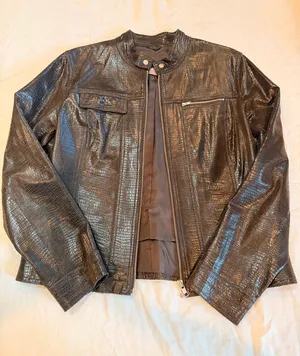 I.E. Petite Genuine Leather Embossed Croc Moto Jacket Brown Petite Large thumbnail 1