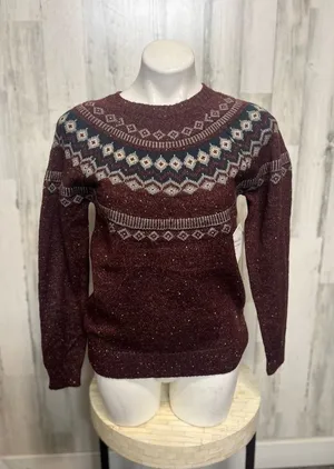 Leslie Rose Fair Isle Nordic Crewneck Knit Sweater Womens Small Burgundy Maroon thumbnail 1