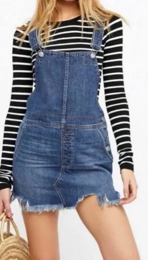 Free People Blue Denim Distressed Overalls Dress thumbnail 1