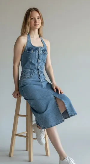 Universal Threads Denim Halter Midi Dress 90s Y2K Button Front Slit Pockets⁠ Sz 6 thumbnail 1