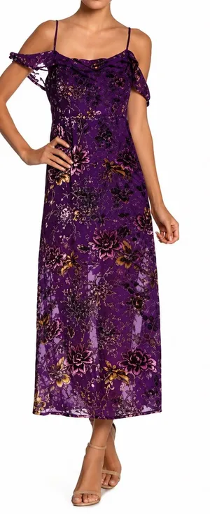 NWT Honey Punch Purple Floral Velvet Burnout Cold Shoulder Midi Dress M thumbnail 1