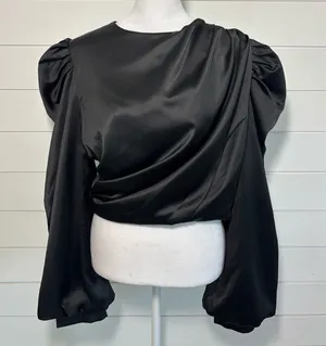 Anthropologie Mare Mare Satin Puff-Sleeve Top Black Draped Puff-Sleeve Blouse thumbnail 1