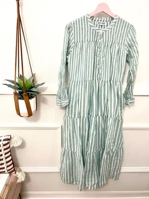 Pink City Prints Blue Green Stripe Long Sleeve Dress M Coastal Grandmother Cotta thumbnail 2