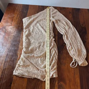 Champagne Gold Sequin One Shoulder Mini Dress Ruched‎ Balloon Sleeve Small thumbnail 7