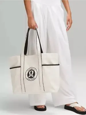 lululemon athletica Daily Multi Pocket Canvas Tote cream with Navy Logo NWT thumbnail 2
