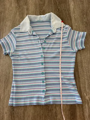 Vintage Y2K striped button front collared shirt sleeve top blue pink small thumbnail 10