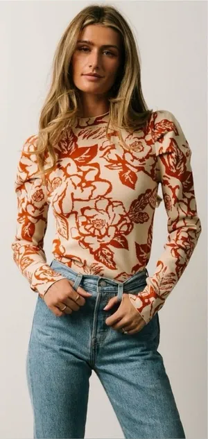 Baltic Born Sebastian‎ Puff Sleeve Shoulder Floral Knit Sweater XL Cream Orange thumbnail 1