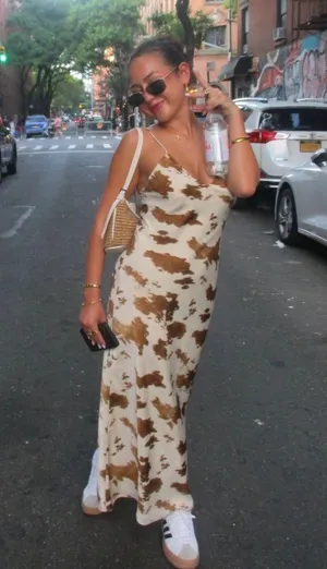 Zara cow patch satin effect boho western Brown and Cream maxi long dress thumbnail 11