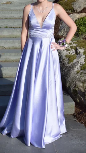 JJ's House Purple Satin A Line Open Corset Back Prom Dress thumbnail 2