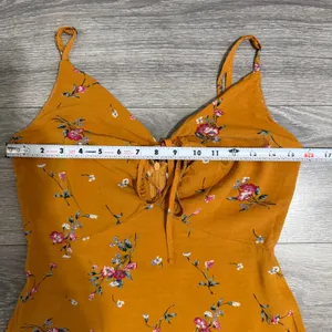 re:named Mustard Yellow Midi Dress Size M Floral Ruffle Sweetheart Keyhole Tie thumbnail 7