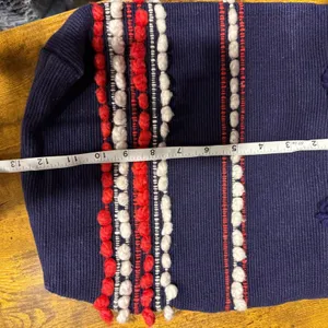 Vintage Arrowcraft shop earthy handwoven Stylish Navy Tote with Pom-Pom Details thumbnail 4