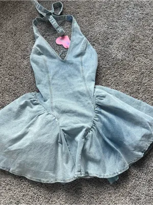 Sugar Thrillz Light Blue Denim Halter Poofy Coquette Mini Dress thumbnail 3