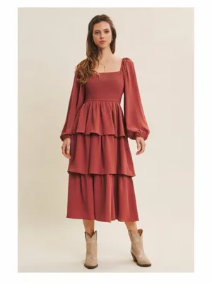 in february Mauve Rust Square Neck Smocked Tiered Ruffle Midi Dress M NWT thumbnail 7