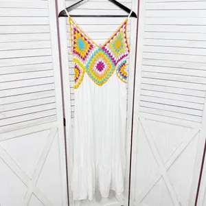 Raviya Crochet Bodice Top‎ Tiered Boho Midi Dress Cover Up White Multi Medium thumbnail 8