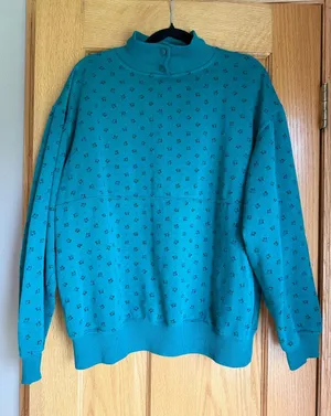 Vtg 90s Trend Basics Teal Floral Polka Dot Mock Neck Sweatshirt Women’s Large thumbnail 1