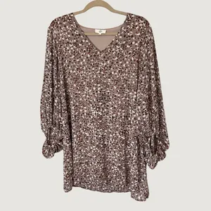 Entro Leopard Print Mini Dress Mauve Taupe V-Neck Balloon Sleeve D13289 Large thumbnail 2