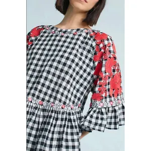 Anthropologie Pankaj & Nidhi checkered gingham embroidered floral swing blouse s thumbnail 2