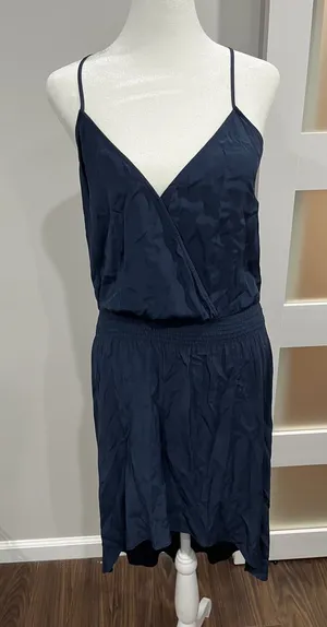 Parker Navy Blue‎ Silk Blend Mesh Back Smocked Waist hi low Midi Dress Size S thumbnail 1