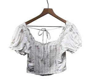 Free People Women Cropped Corset Smocked Top Sz S White Puff Sleeve Cottage Boho thumbnail 1
