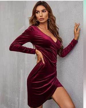 NEW Velvet Wrap V Neck L/S Ruched Cocktail Evening Party Dress L thumbnail 2