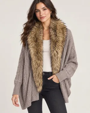 Joie Cable Knit Cardigan Sweater Detachable Faux Fur Collar Size Small thumbnail 1