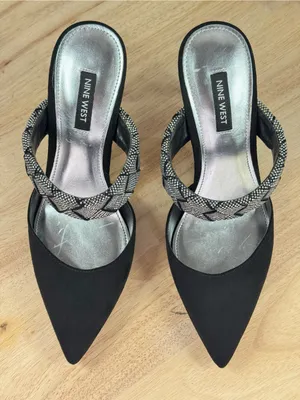 Nine West Greet Rhinestone Strap‎ Pointed Toe Mule Pumps Black Silver 7 thumbnail 4