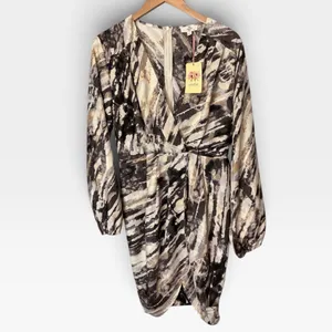 Entro Womens Abstract Brushstroke Print V-Neck Wrap Mini Dress Brown L D17405 thumbnail 2