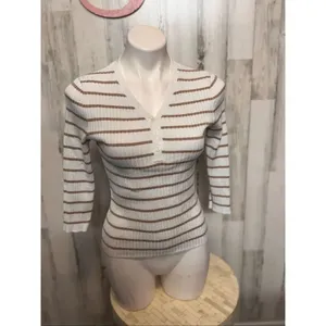 White & Brown Striped Henley Ribbed Knit Top – Small thumbnail 2