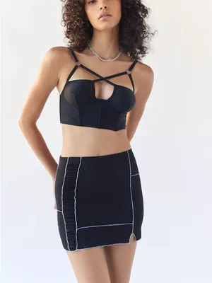 UO Willow Patchwork Mini Skirt Sz XS Black Contrast Stitch Mini Skirt High Rise thumbnail 2